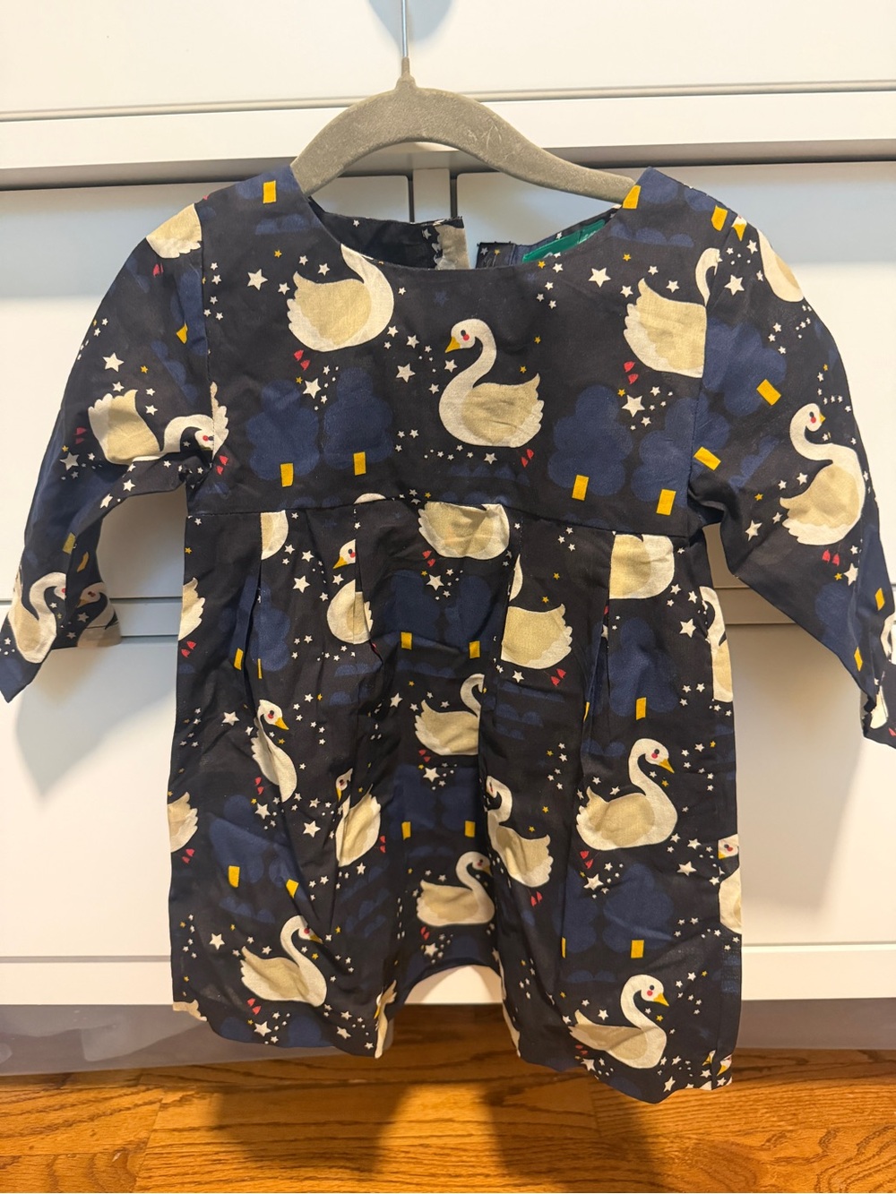 Little Green Radicals Navy Swan Print Dress with Cream Swans